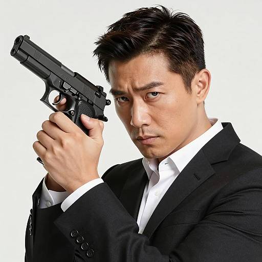 Serious man holding handgun in suit