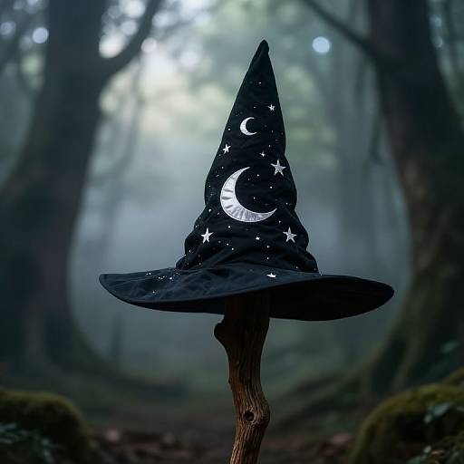 Photograph of a black witch hat adorned with white stars, crescent moon, and sun, standing on a twisted tree trunk in a misty,