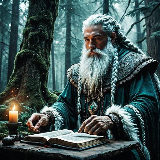 Mythical Forest Guardian Reading Ancient Book