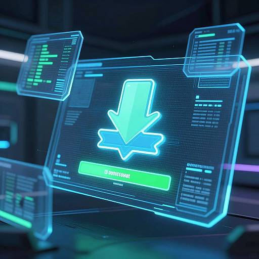 Digital futuristic interface with glowing blue neon download arrow, green 