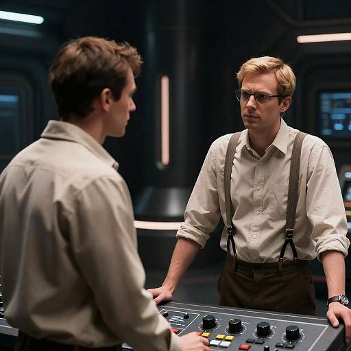 Two men discussing in a futuristic control room