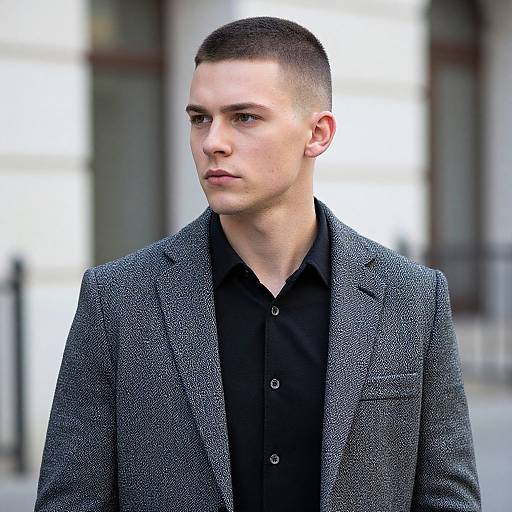 Photograph of a young, fair-skinned man with short dark hair, wearing a textured gray blazer over a black button-up shirt, standing outdoors