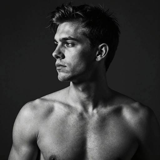 Photograph of a muscular, shirtless man with short, spiked dark hair, illuminated in dramatic black-and-white lighting, gazing to the left.