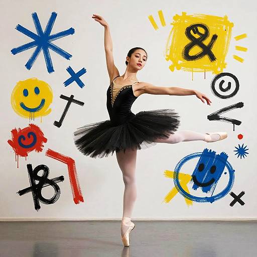 Ballerina in Black Tutu with Abstract Graffiti Background