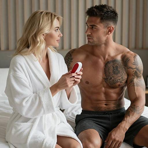 Tattooed Man and Blonde Woman on Bed