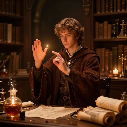 Photograph of a young man with curly brown hair, wearing a dark wizard robe, holding a lit candle, in a dimly lit library. Books