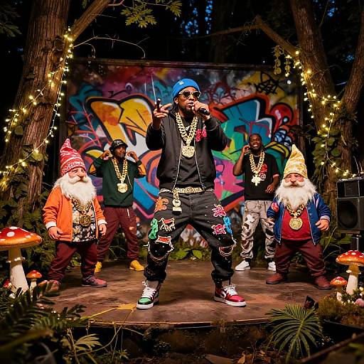 Photograph of a hip-hop performer with large gold chains, black hoodie, and colorful pants, center stage with two bearded clowns in front,