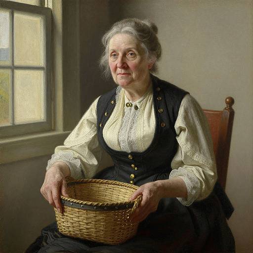 Photorealistic painting of an elderly white woman with gray hair, wearing a black pinafore over a white blouse, holding a wicker basket,