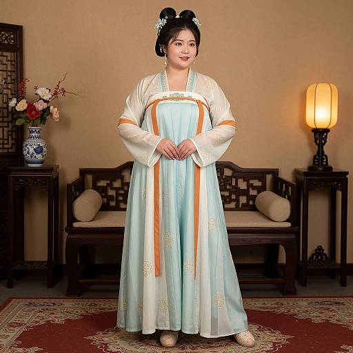 Photograph of an Asian woman in a traditional light blue and white hanbok with orange trim, standing in a warmly lit room with wooden furniture and