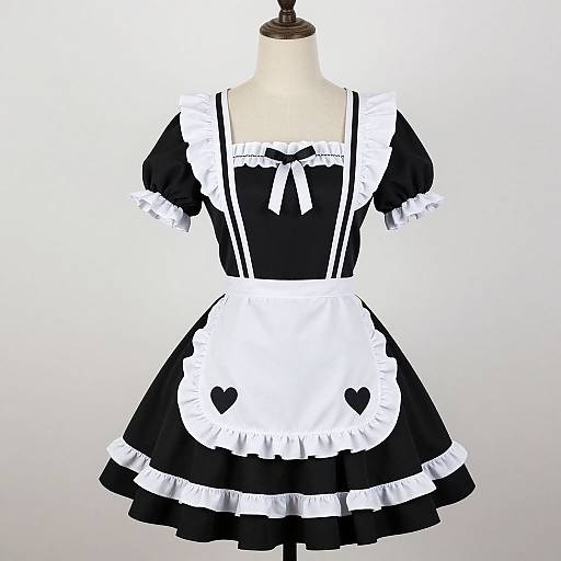 Photograph of a black and white French maid dress on a mannequin, featuring heart-shaped pockets, ruffled trim, and a bow at the
