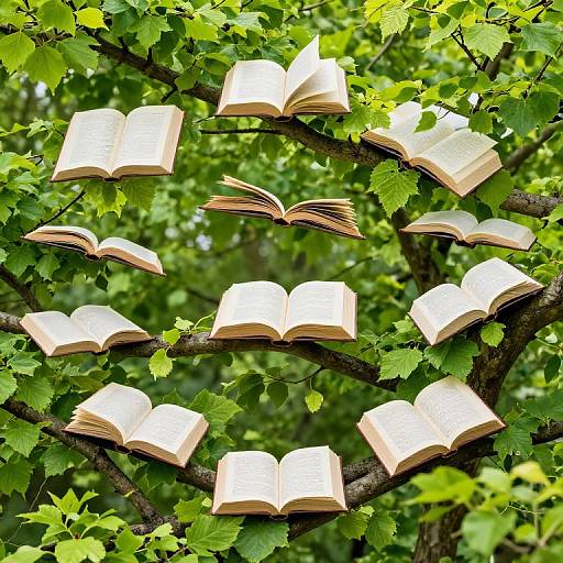 Photograph of open books magically floating among lush green tree branches, each book displaying visible pages, creating a whimsical, nature-inspired scene.