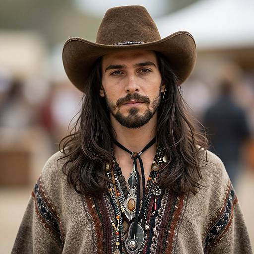Photograph of a long-haired, bearded man with a brown cowboy hat, wearing a patterned, multicolored shawl and numerous necklaces
