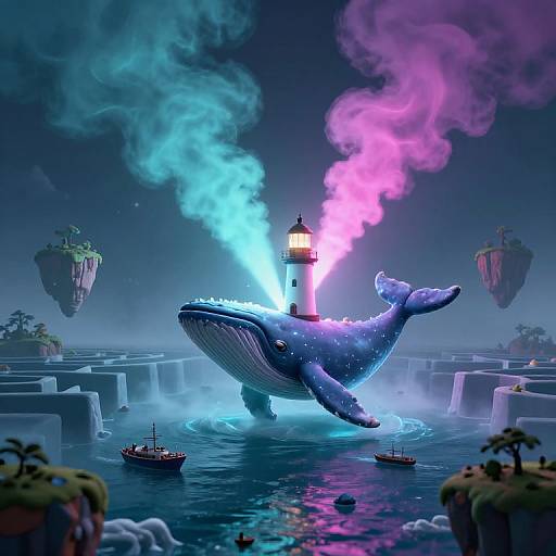 Whimsical digital art: a glowing blue whale with bioluminescent spots supports a lighthouse emitting pink and blue smoke, surrounded by floating islands