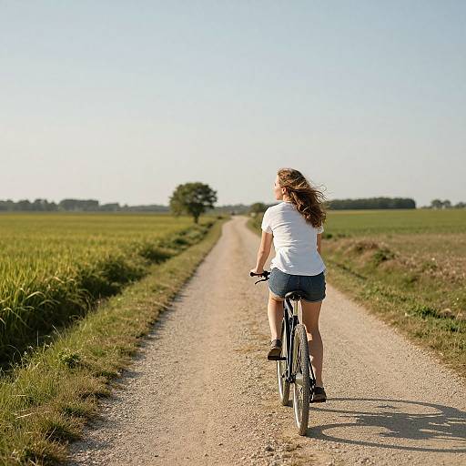 Photograph of a woman with long brown hair, wearing a white t-shirt and blue shorts, riding a bicycle down a gravel road through a lush,