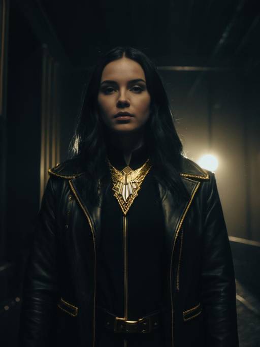 Woman in Dark Leather Costume with Gold Necklace