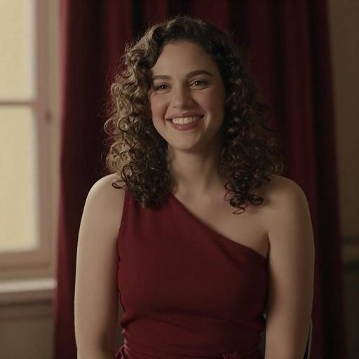 Smiling Woman in Deep Red Dress
