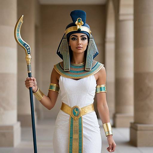 Photograph of a woman in Egyptian pharaoh attire, wearing a striped headdress, white dress with gold and turquoise accents, holding a staff, standing