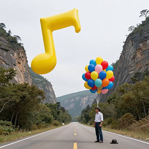 Photograph of a man holding colorful balloons and a large yellow musical note, standing on a deserted mountain road.