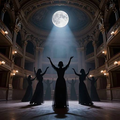 Photograph of six silhouetted women in flowing dresses with raised arms, standing in a grand, dimly lit theater with a large, glowing