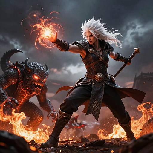 Digital fantasy artwork: White-haired warrior casts fiery magic, armored and fierce, with a menacing dragon and flames in a dark, stormy background.