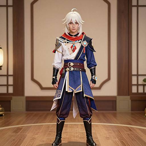 Photograph of a white-haired male cosplayer in detailed, colorful fantasy attire, standing in an elegant, wooden-floored room with panel walls.