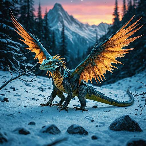 Crystal-Winged Phoenix-Lizard Hybrid in Snowy Alpine Forest