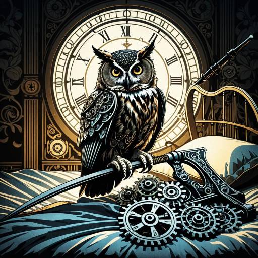 Surreal Owl with Mechanical Gears and Scythe