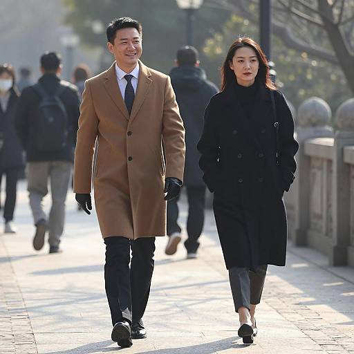 Stylish couple walking outdoors in winter coats