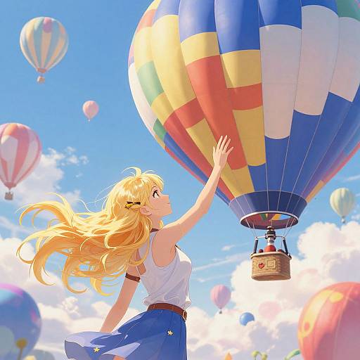 Anime-style digital illustration of a blonde girl with flowing hair, wearing a white sleeveless top and blue skirt, reaching up to a colorful hot air balloon