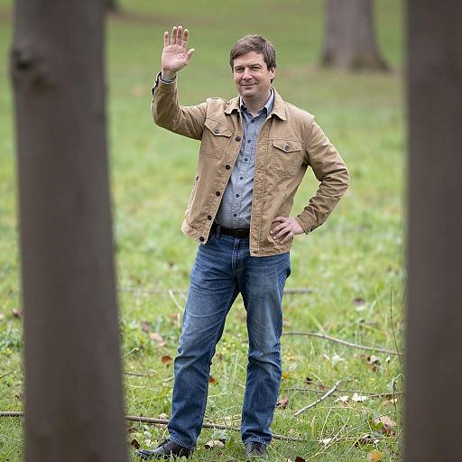Casual Man Waving in Grassy Field