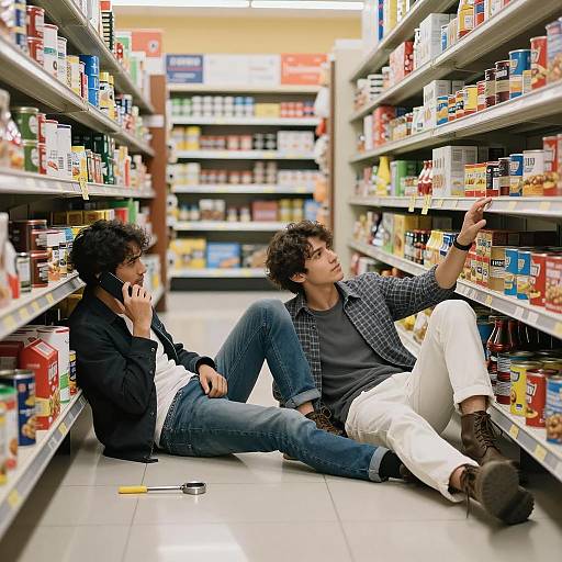 Relaxed Men in Grocery Store Aisle