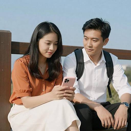 Asian Couple Sitting by Wooden Fence