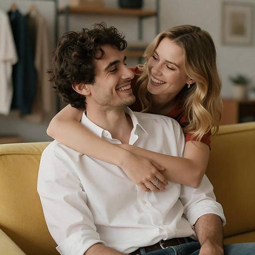 Laughing Couple Embrace on Yellow Couch