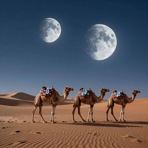 Photograph of four camels with riders, standing in a desert under a clear, dark blue sky with two bright full moons.