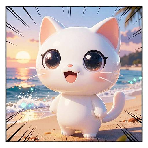 Cute, white, cartoon-style cat with large, shiny black eyes stands on a sunny beach, waves in background, smiling with an open mouth.