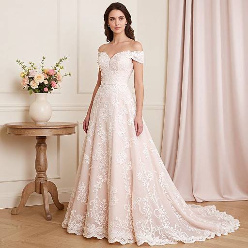 Photograph of a brunette bride in an off-shoulder, white lace wedding gown, standing in a room with wooden table, floral vase, and