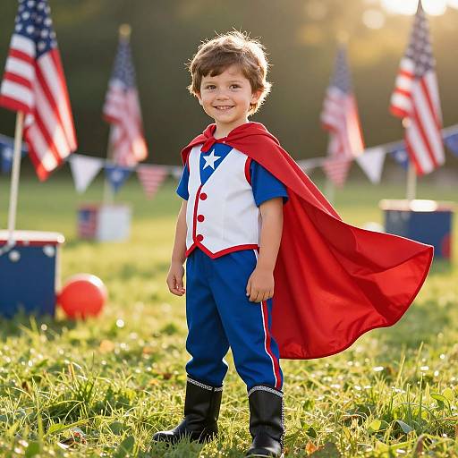 Photograph of a smiling young boy in a Superman costume with red cape, white shirt, blue pants, and black boots, standing on grass with American