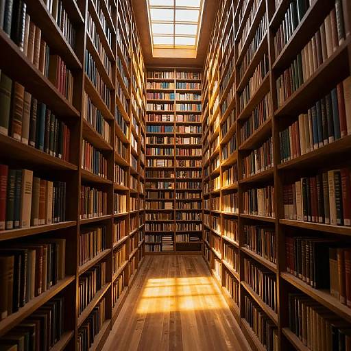Photograph of a sunlit library aisle with tall wooden bookshelves filled with colorful books, creating a warm, inviting atmosphere.
