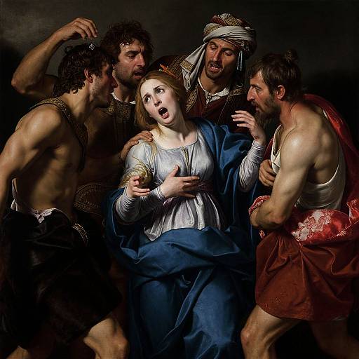 Baroque-style painting of a terrified woman in blue and white robes, surrounded by muscular, aggressive men with dark, rugged features.