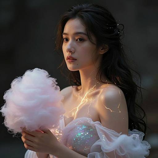 Photorealistic digital artwork of a beautiful Asian woman with long black hair, holding pink cotton candy, glowing electric sparks, wearing a sparkling off-should