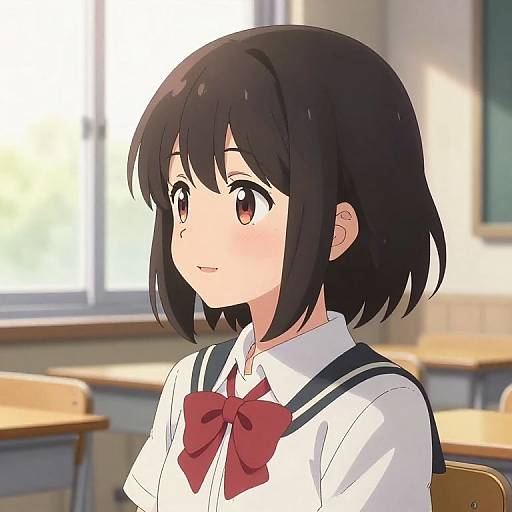 Anime-style digital drawing of a young girl with short black hair, wearing a white school uniform with a red bow and black suspenders, sitting in a