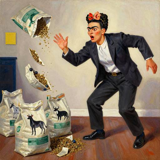 Digital painting of a shocked man in a black suit, white shirt, and red bowtie, with three exploding chip bags spilling nuts on a wooden