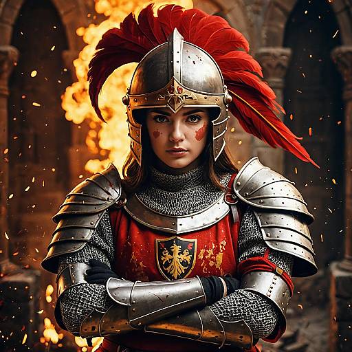Medieval Female Knight in Armor with Red Plume