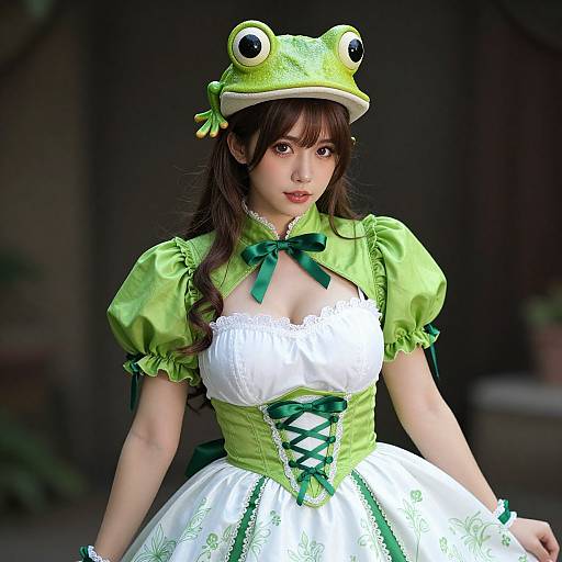 Photograph of an Asian woman in a green frog hat, white and green lace-up corset dress with puffed sleeves, standing outdoors.