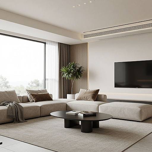 Modern living room photograph: beige sectional sofa, brown pillows, black oval coffee table, large flat-screen TV, potted plant, floor-to-ceiling