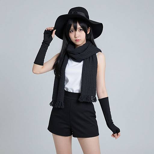 Woman in Black Hat and Scarf