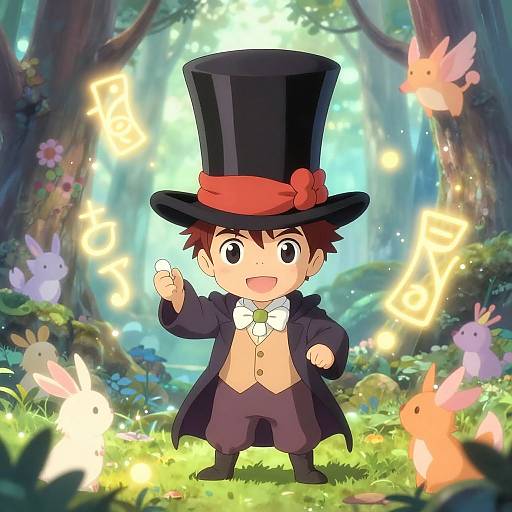 Chibi anime boy in top hat, red bow, black coat, and white shirt, surrounded by glowing musical notes and colorful butterflies in a magical forest