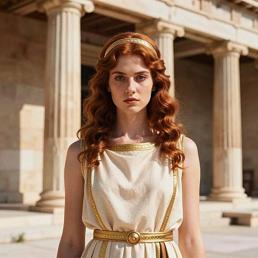 Photograph of a red-haired woman with wavy hair, wearing a white Greek-style dress with gold trim, and a gold headband, standing in