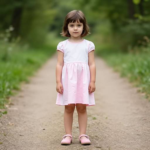 Photograph of a young girl with shoulder-length brown hair, wearing a white dress with pink accents and pink shoes, standing on a gravel path in a