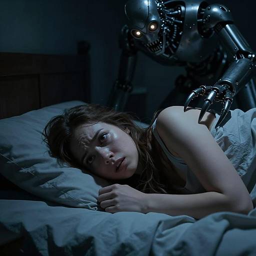 Fearful Woman Confronts Mechanical Horror